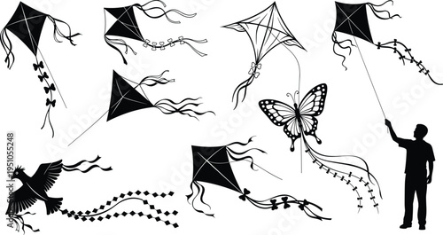 kite flying silhouettes set, traditional outdoor kite festival activity, boy flying kite, decorative butterfly bird kites collection illustration
