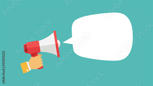 Hand holding red and white megaphone with blank white speech bubble on teal background speaking