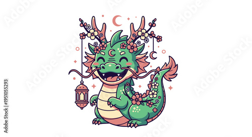 Charming Green Dragon Character with Antlers and Lanterns Illustration.