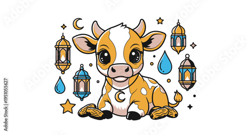 Cute Cartoon Cow Celebrating Eid al-Adha with Lanterns and Dates.