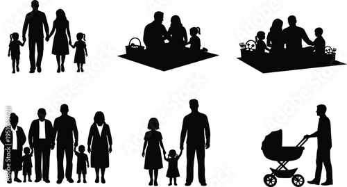 Set of family silhouettes including parents with children walking, having a picnic, multi-generational grandparents, and father pushing a baby stroller.