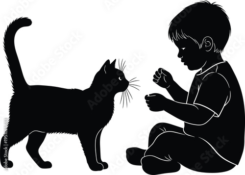 Little boy playing with cat, child and pet friendship moment, cute toddler silhouette, family love, flat vector illustration