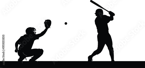 Baseball Batter and Catcher Silhouette Action Scene with Ball in Motion Sports Competition Player Swinging Bat Isolated on White