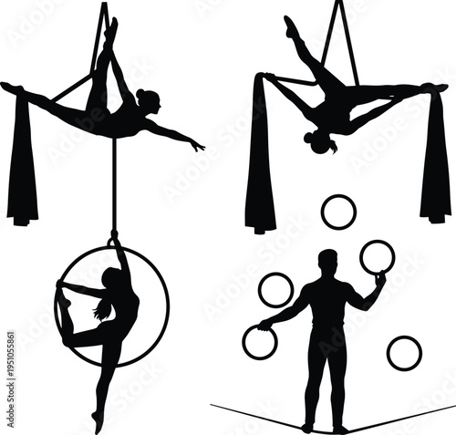 Circus Performers Silhouette Set Aerial Acrobat on Silk Hoop and Juggler Performing Balance Tricks Isolated on White Background