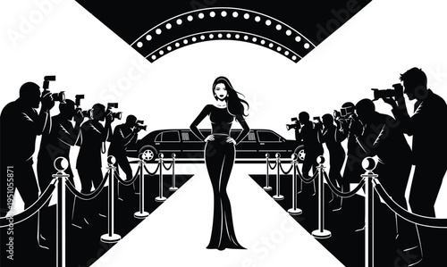 Celebrity Walking Red Carpet with Paparazzi Photographers Luxury Limousine and Spotlight Entrance Glamour Event Silhouette Isolated on White