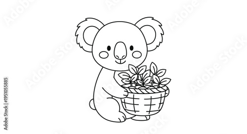 Cute Koala with Basket of Leaves Coloring Page.