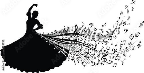 Elegant Flamenco Dancer Silhouette with Flowing Musical Notes Rhythm Dance Art Performance Concept Isolated on White Background