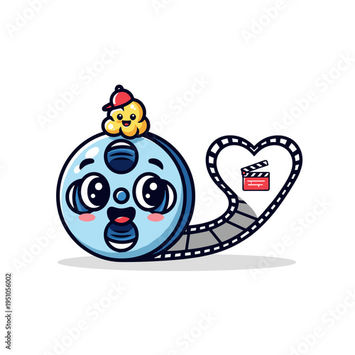 Cute cartoon film reel character with popcorn and heart shaped film strip holding a clapperboard