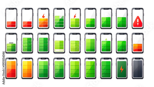 Vector set of smartphone battery status icons showing various charging levels from low to full and error warning symbol for mobile app interface design