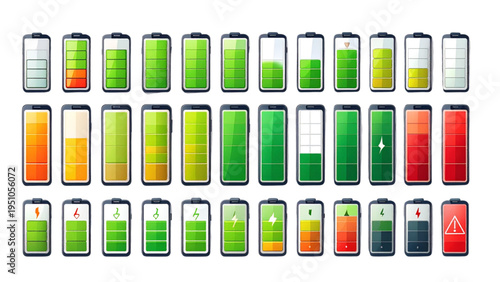 Vector set of smartphone battery status icons showing various charging levels from low to full and error warning symbol for mobile app interface design