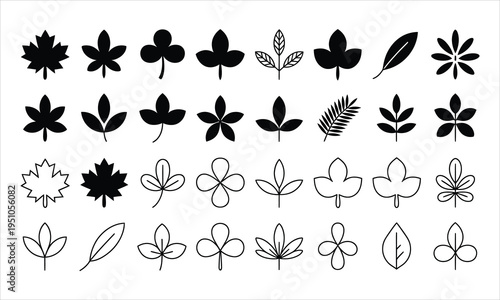 A diverse collection of black and white leaf shapes showcasing various botanical forms and styles