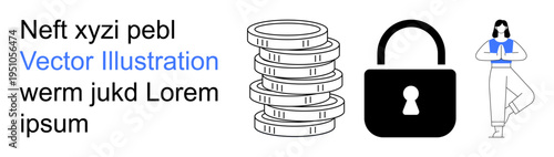 Finance, business security, online privacy, mindfulness, wellness, and lifestyle. Stack of coins, a lock and a woman in a yoga pose. Finance and business security concept
