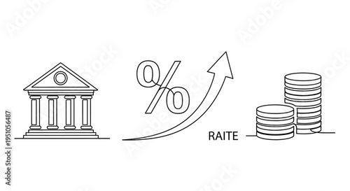 Line drawing of a bank building, rising interest rate graph with percentage sign and upward arrow, and stacked coins on a white background, conveying financial growth and economic inflation.
