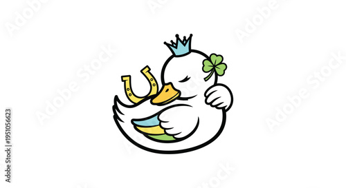 Lucky Duck - Cartoon Duck with Horseshoe, Clover, and Crown.