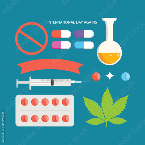 Stop Drug Abuse Awareness Concept with Syringe Pills and Cannabis Leaf Vector