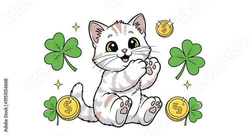 Lucky Kitten Surrounded by Clovers and Gold Coins Illustration.