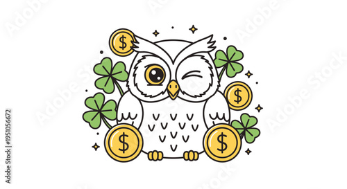 Lucky Owl with Coins and Clovers - A Symbol of Wealth and Fortune.