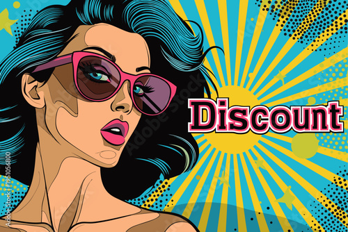 Retro Pop Art Vector Illustration of a Woman with Sunglasses and Discount Text for Retail Sales Promotions and E-commerce Marketing Banners