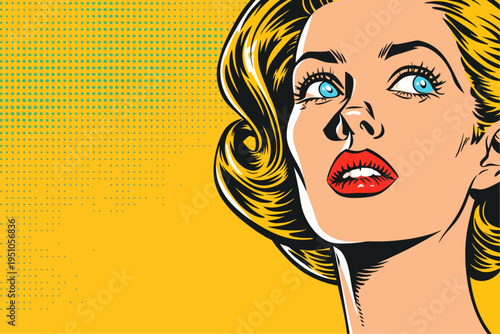 Retro Pop Art Vector Illustration of Surprised Blonde Woman Looking Up with Copy Space for Marketing Campaigns Social Media Teasers and Creative Branding Ideas