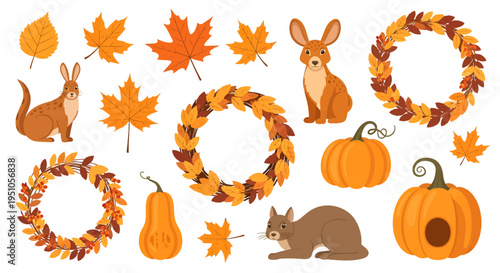 A colorful collection of autumn-themed elements including leaves, woodland animals, pumpkins, and decorative wreaths.