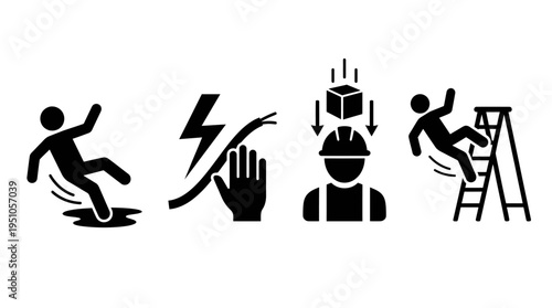 A clean set of workplace safety hazard icons featuring common industrial accidents such as falls, electric shocks, and falling objects. Ideal for safety manuals, signage, training materials.