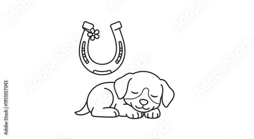 Sleeping Puppy with Horseshoe - A Symbol of Luck and Comfort.