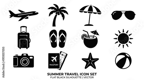 A set of summer travel icons including beach, airplane, and vacation essentials. Ideal for UI design, websites, and tourism-related projects.