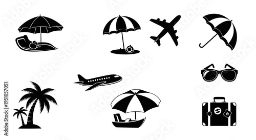 A set of summer travel icons including beach, airplane, and vacation essentials. Ideal for UI design, websites, and tourism-related projects.