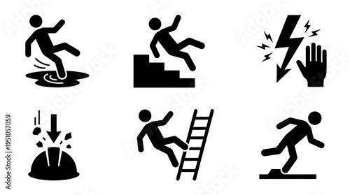 A clean set of workplace safety hazard icons featuring common industrial accidents such as falls, electric shocks, and falling objects. Ideal for safety manuals, signage, training materials.