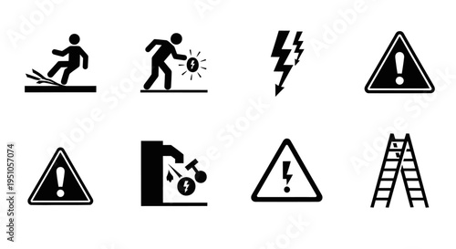 A clean set of workplace safety hazard icons featuring common industrial accidents such as falls, electric shocks, and falling objects. Ideal for safety manuals, signage, training materials.