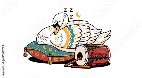 Sleeping Swan on Pillow with Drum Illustration.