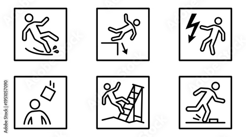 A clean set of workplace safety hazard icons featuring common industrial accidents such as falls, electric shocks, and falling objects. Ideal for safety manuals, signage, training materials.