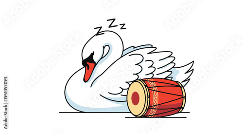 Sleeping Swan Resting on a Drum Illustration.