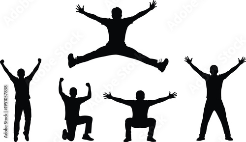 Man jumping and exercising silhouette set showing fitness workout poses and active lifestyle concept, black silhouette, flat vector illustration
