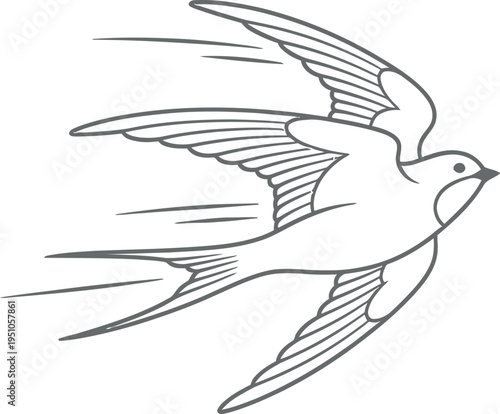 A beautiful minimalist black and white line art illustration featuring a graceful swallow or swift bird soaring through the air with elegant motion lines on a clean white background.