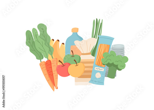 Flat food composition with gift box and fresh goods on white background. Healthy food box as simple donation and help for community needy people. Charity care symbol for support concept icon
