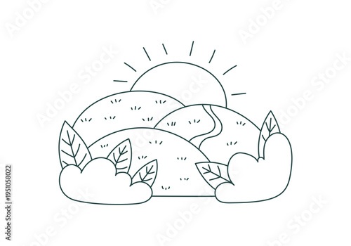 Minimal hand drawn nature scene. Simple outdoor symbol with mountain and forest. Cute doodle outline as camp and hiking cue. Nature adventure theme for travel map or trip guide, family recreation