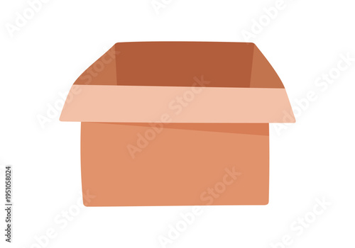 Simple flat charity donation box. Open container as humble box for poor and needy. Minimal symbol of donate goods as gift and help. Warm brown color tone for aid, support welfare project visual