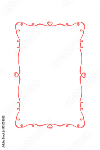 Vertical romantic ribbon heart frame sketch. Cute whimsical border as simple love card. Valentine invitation card with curly red line, white paper decoration and minimal vintage decor for wedding or