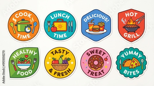 Colorful food themed badge stickers set with cooking eating and fresh meal icons
