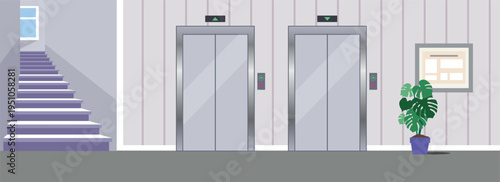 Flat vector illustration of a modern building interior with two elevators, call buttons, and direction indicators. Minimal lobby or corridor scene with staircase, wall notice board, and a potted plant