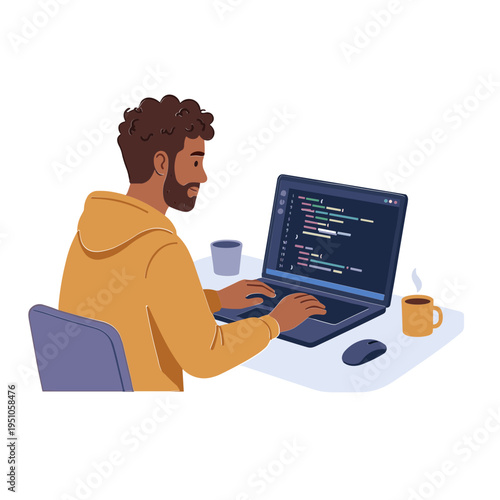 Man sitting at desk working on laptop with coding on screen