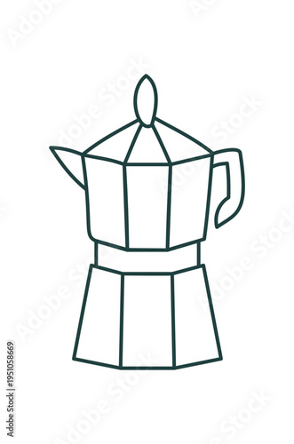 Minimal camp coffee pot line art. Outdoor mug symbol as contour sketch. Simple doodle drawing of travel equipment, cute gear for camping and hike. Green tone and white space, nature trip vibe, vector
