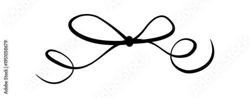 Elegant black french wedding bow in simple hand drawn doodle style. Ornate ribbon knot as romantic decorative element with wavy line curves. Cute minimal detail for vintage frame, invite card and