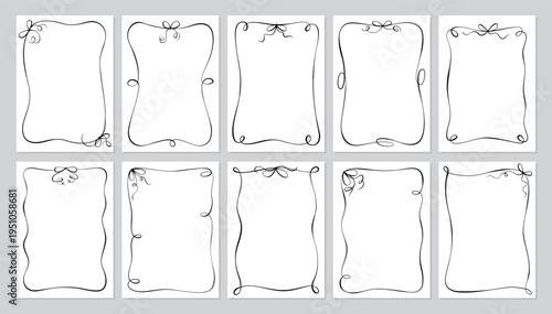Whimsical french bow card frame set. Romantic curly ribbon border as white wedding invite. Minimalist black doodle frame as cute vintage decoration, trendy love menu or classic party template