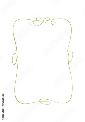 Romantic coquette hand drawn wedding border. Cute ribbon bow frame as tall rectangle card. Wavy line border with simple whimsical decor for vintage invite and background, vertical white template for