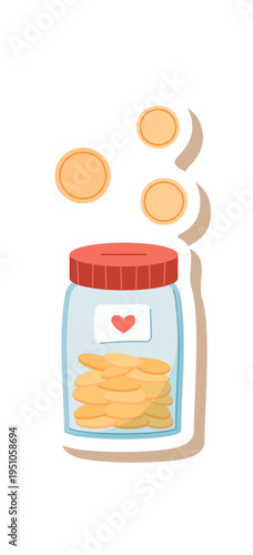 Money donation jar with coin and heart sticker. Charity container as cute icon for give and help. Symbol of donation, contribution philanthropy with golden coin jar in simple flat style sticker