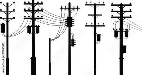 Electric utility power poles with transformers and overhead cables silhouette set, electrical distribution infrastructure, transmission lines engineering vector illustration