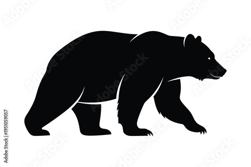 A black silhouette of a walking grizzly bear in profile, isolated on a white background, symbolizing wildlife and nature.