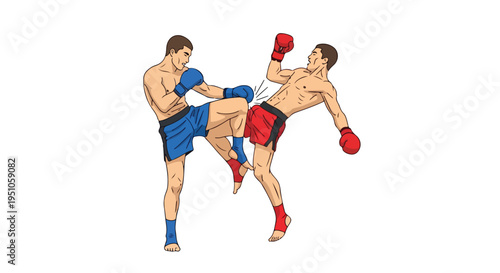 Two shirtless male boxers engaged in a kickboxing match with gloves on a plain white background.